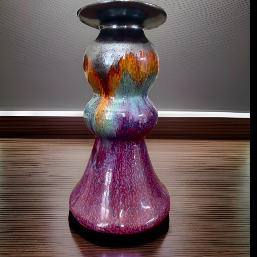 Vintage Chinese Flambe Glaze Pottery Pillar Candle Holder Purple Blue Amber 10.5